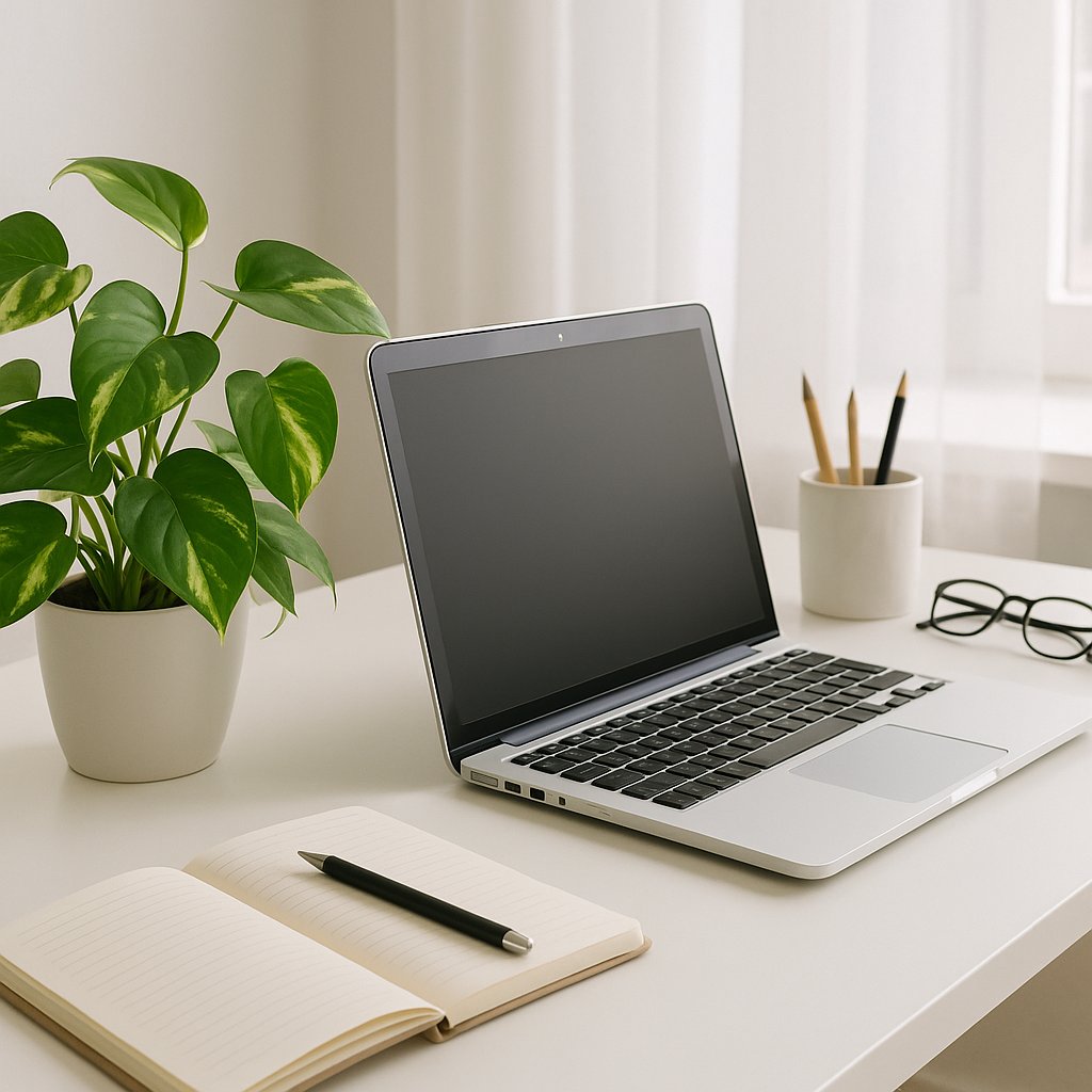 Bright home office desk with pothos plant in peripheral view beside laptop