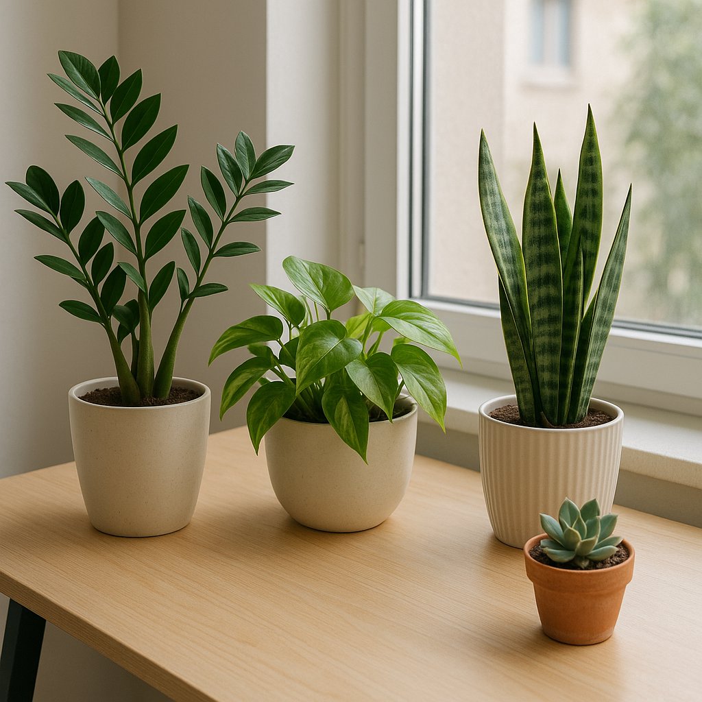 desk with ZZ plant, pothos, snake plant, and small succulent arranged near window