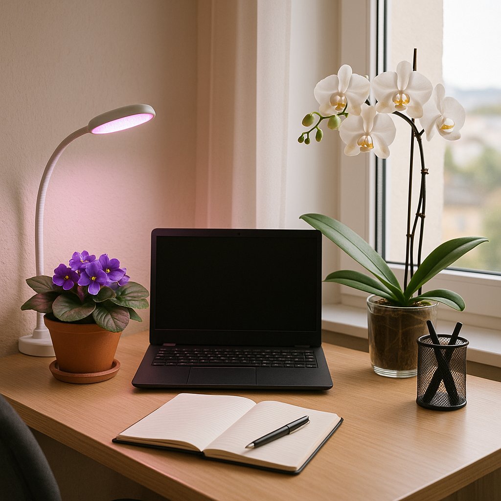 home office desk beside window with potted African violet, orchid and small LED grow lamp